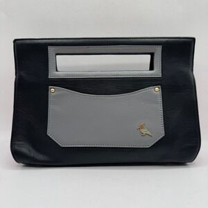 One Odd Bird Leather Clutch Women Medium Black Grey Red Cutout Handle Bag